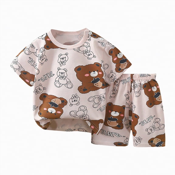 kpoplk Toddler Summer Outfits Kid Boy 3-4T 2pcs Short Sleeve Graphic T-Shirt Casual Drawstring Shorts(Brown,5-6 Y)