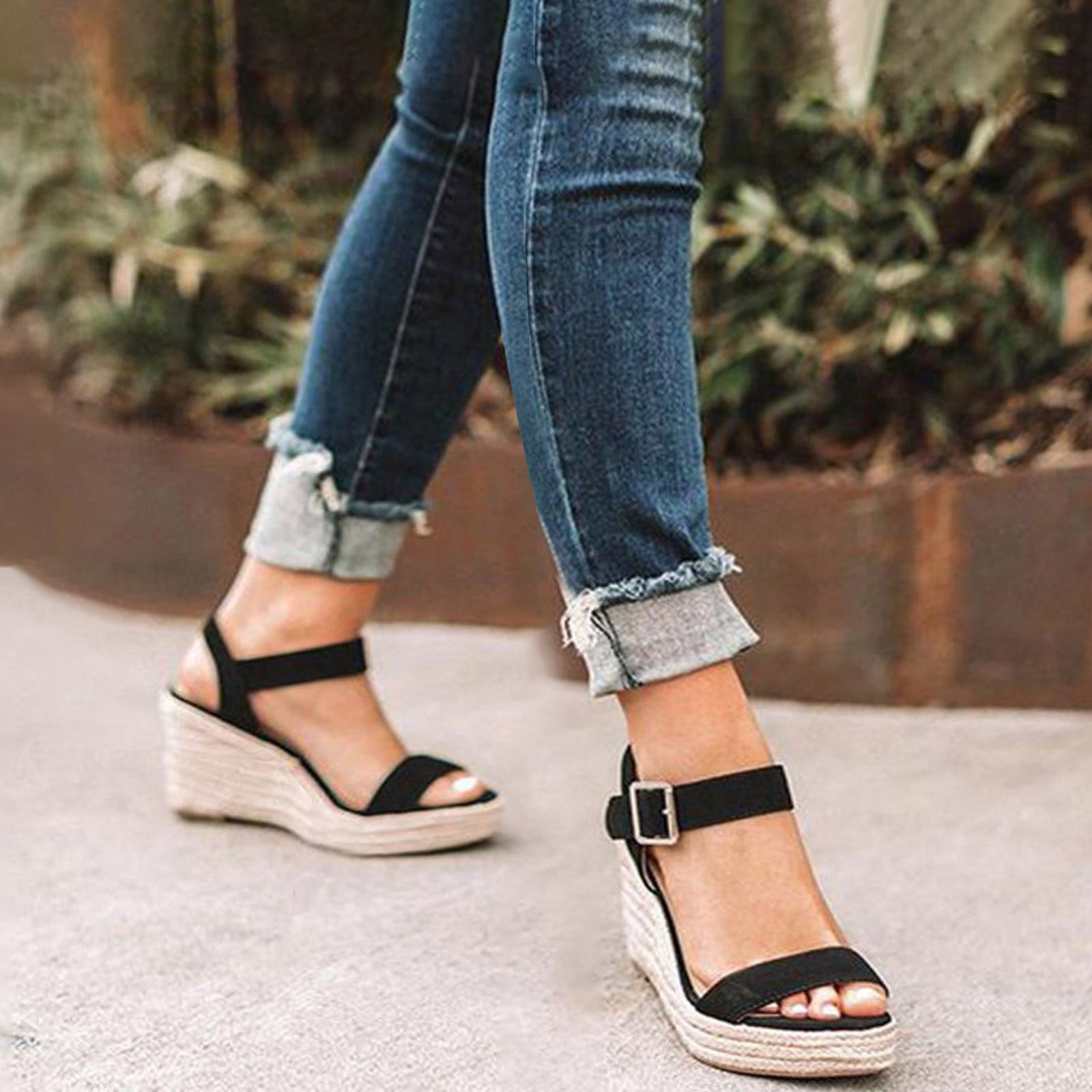 Tan Wedges Sandals Ankle Strap Slingback Open Toe Platform Sandals|FSJshoes