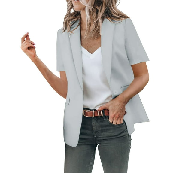 kpoplk Women Casual Button Blazers Summer Solid Color Slim Short Sleeve Office Cardigan Jacket(Grey,XXL)