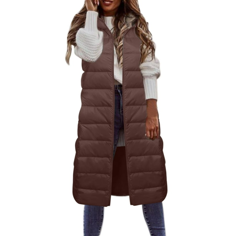 kpoplk Women Long Puffer Vest Quilted Vest Hooded Warm Padded Winter Coats  Sleeveless Puffy Jackets Outerwear Vests Coffee,XL