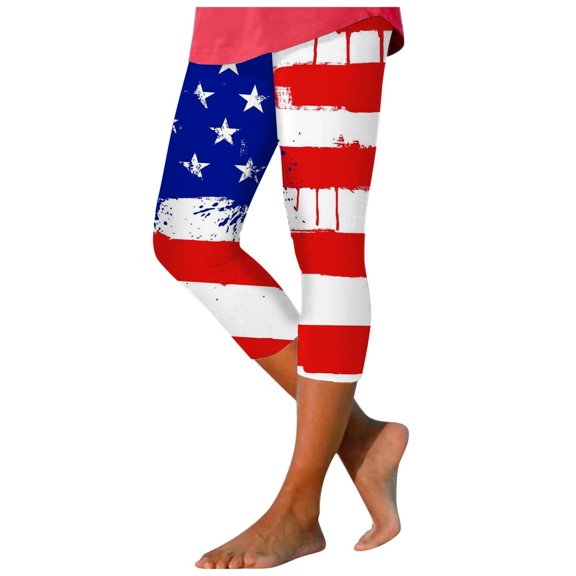 kpoplk Women's American Flag Capri Leggings USA 4th of July Patriotic Stripes High Waist Soft Stretchy Yoga Pants(Red,M)