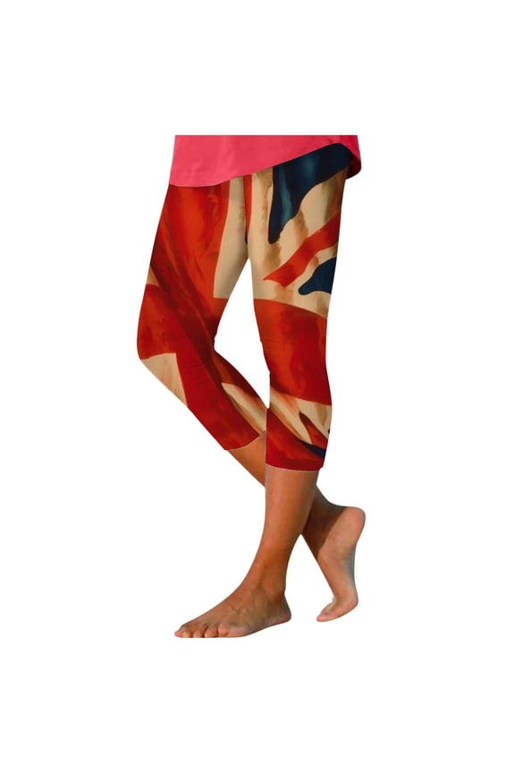 Women's American Flag Tights 4th of July Capri Leggings Ladies Capri Leggings Workout Compression Shaping(Khaki,XL)