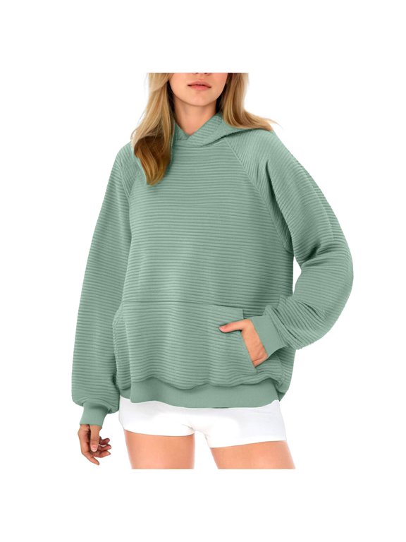 Women's Letter Print Hooded Sweatshirt Drawstring Long Sleeve Drop Shoulder Hoodies(Green,S)