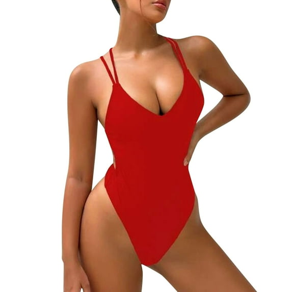 kpoplk Women's One Piece Swimsuit Sports Adjustable Strap Bathing Suit Color Block Ribbed High Cut Swimsuits Red,L