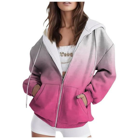 kpoplk Women's Zip up Hoodies Casual Drawstring Jacket Oversized Sweatshirts Y2K Clothes with Pockets(Pink,XL)