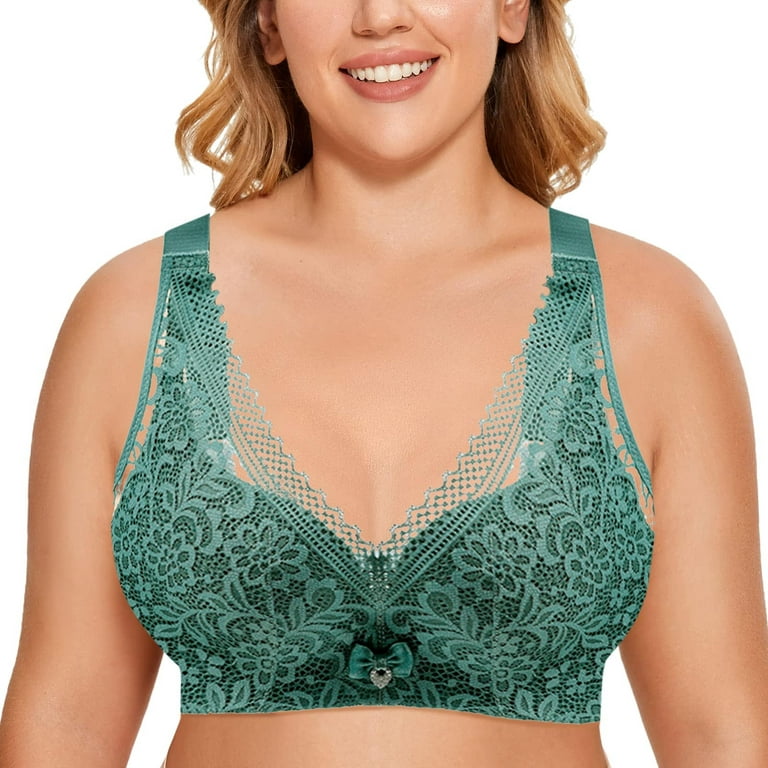 kpoplk Womens Wireless Bras,Women's Lace Plus Size Bra Underwire Support  Full Coverage Unlined Cotton Bras(Green)
