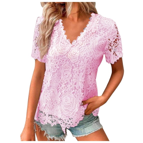 krdevn Womens Scalloped Edge & Floral Lace Tops Summer Solid Color V Neck Elegant Jacquard Short Sleeved T Shirt Casual Top,for Size L