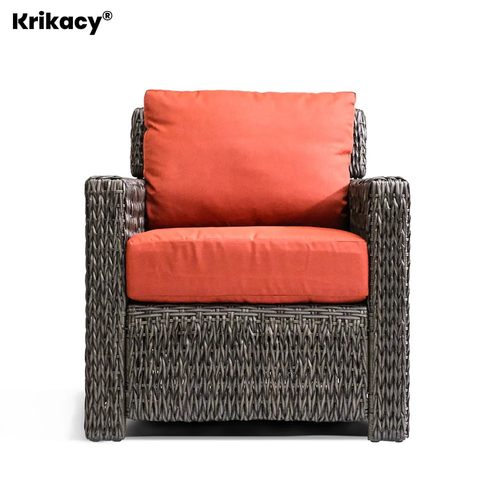 krikacy Laguna Hand Woven Rattan Chair, Wide Seat Wicker Furniture, All Weather Outdoor with Cushions for Deck Porch Balcony