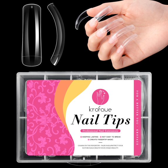 Krofaue Square Curved Nail Tips - 100pcs Extra Long Clear Tips for Acrylic Nails, Professional Half Cover False C Curve Extension Tips for Holidays Women With Box