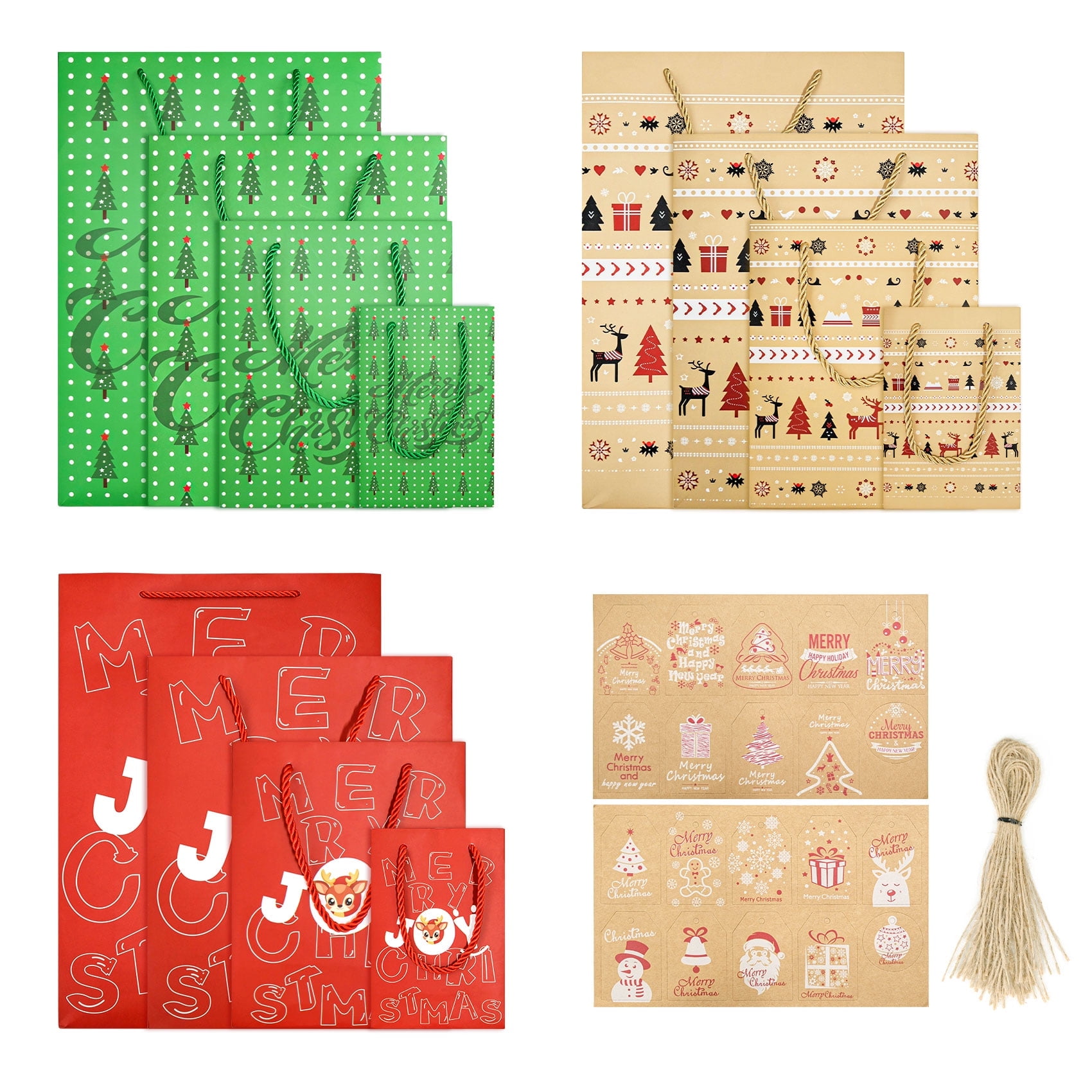 Kroyicegears Christmas Gift Bag with Handles (Tissue Paper 15Pcs, Gift Tags 20Pcs, Bags 12Pcs: 4 Small 7\