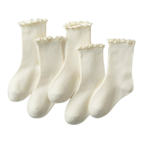 ktowifly Boys Girls 5 Pairs Crew Sock Cotton Mid Tube Solid Color Ruffle Soft Comfortable Sports Casual Sock