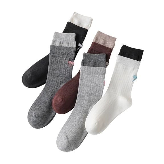 ktowifly Cotton Kids 5 Pairs Socks Color Block Cute Bow Printed Soft Comfy Breathable Trendy Sock for Girls
