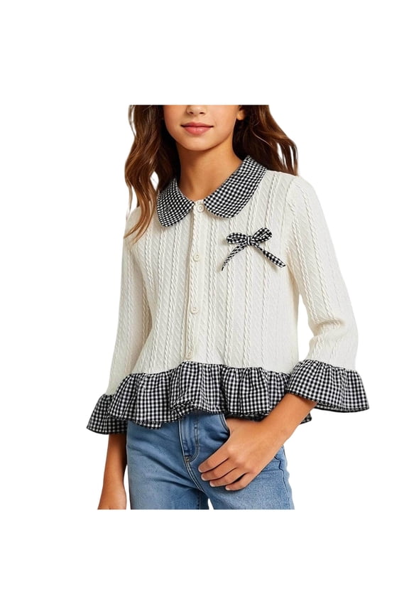 Girls Cardigans Fashion Cute Ruffle Long Sleeve Collar Sweater Cardigan Patchwork Plaid Button Down Knit Tops
