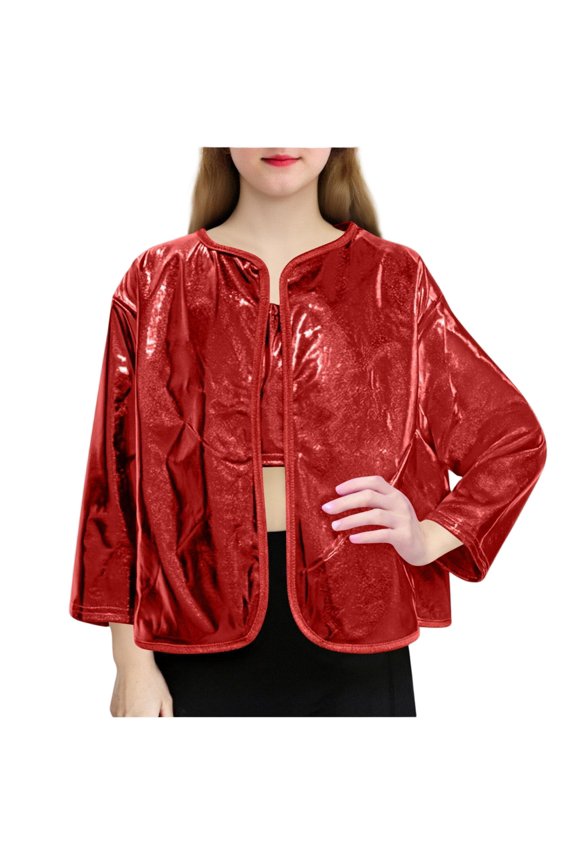 Shiny Jacket for Girls Long Sleeve Open Front Dance Performance Cardigans Sparkly Party Dancewear for Big Girls