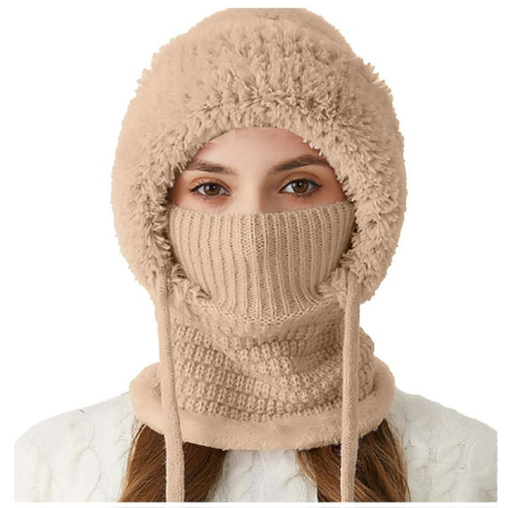 ktowifly Warm Hats for Women Scarf Mask Knitted Fleece Ski Snow Caps Hooded Scarf Drawstring Solid Color