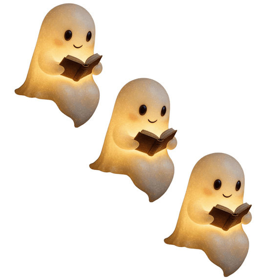 kttectoa 3pcs Cute Ghost Reading Book Lamp,6 in Halloween Ghost Night Light,Light Up Halloween Decor, Ghost Warm Lighted Indoor Figurine Lamps for Party Study Room Halloween Decorations Indoor