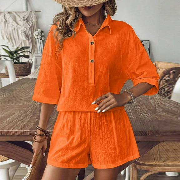 kttectoa Button up Casual Matching Sets Womens Summer Clothes Solid Lapel Collar Short Sleeve Elastic Waist Shorts Outfits for Womens Valentines Day