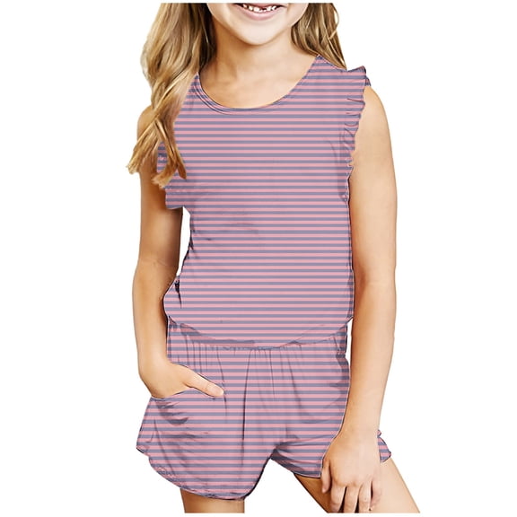 kttectoa Girls Summer Outfits Girls Cute Outfits Fashion Ruffle Trim Striped Print Crewneck Tank Top and Elastic Waist Pocket Shorts 2 Piece Sets Girls Shorts 3-14T