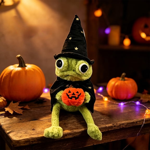 kttectoa Halloween Decor Wizard Frog Figurine Soft Plush T with Black Witch Hat and Pumpkin Accent Design for Halloween Home Bookshelf Tabletop Festive Atmosphere Ornament