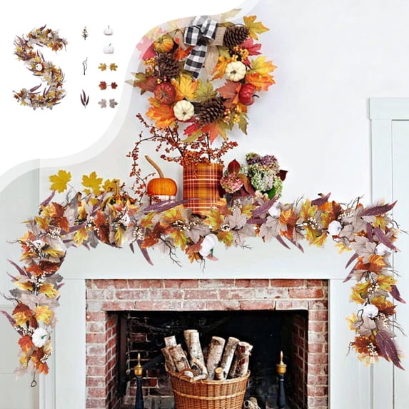 kttectoa Halloween Thanksgiving Decorations Artificial Leaf Garland Rattan Hanging Pumpkin Maple Leaf Garland Indoor Home Halloween Christmas Party Fireplace Decorations Room Decor