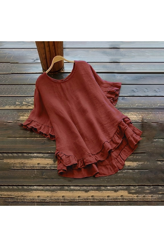 Loose Fit Pleated Flowy Hem Casual Tee with Buttons Womens Tops Solid Tunic Tops Ruffle Sleeve Crewneck T Shirts for Women Get It Today Go Shopping