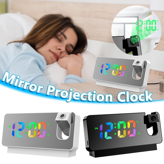 kttectoa Mirror Projection Clock LED Large Screen Display 180 Flip Projector Dual Alarm USB Charger Silent Scanning Temp Humidity Backup Battery 18.6x9x4cm Christmas Gifts Home