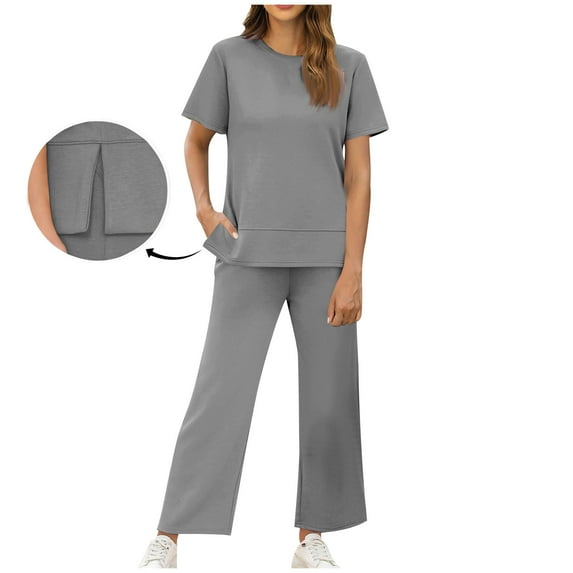 kttectoa Side Slit Loungewear Yoga Sets Beach Outfits for Women Solid Round Neck Short Sleeve Elastic Waist Pants 2 Piece Sets for Womens Staying at Home