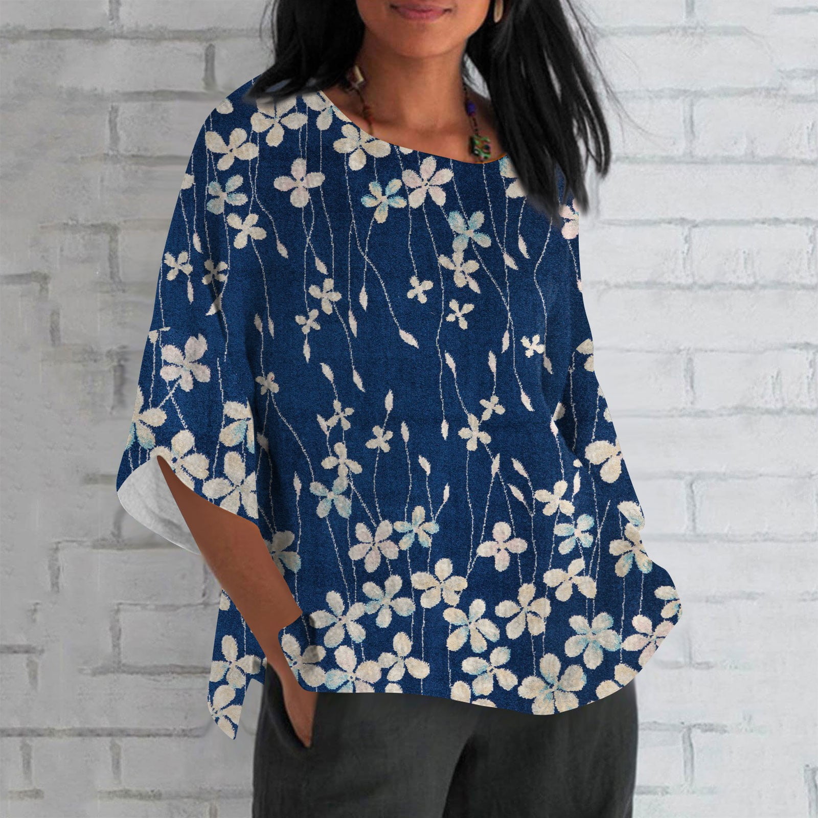 ktyne Shirts for Women 2024 3/4 Length Sleeve Plus Size Tops Crewneck