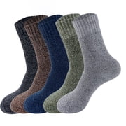 Qhkie 5 Pairs Wool Hiking Socks, Winter Warm Thick Crew Boot Socks for Men