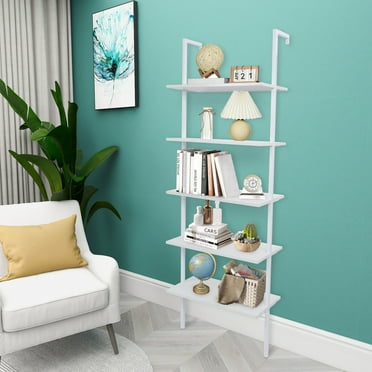 kurtrussel 5-Shelf Modern Wooden Bookcase, Wall Mount Ladder Shelf Bookcase with Metal Frame, White Bookshelves, 23.62" x 11.81" x 70.87"
