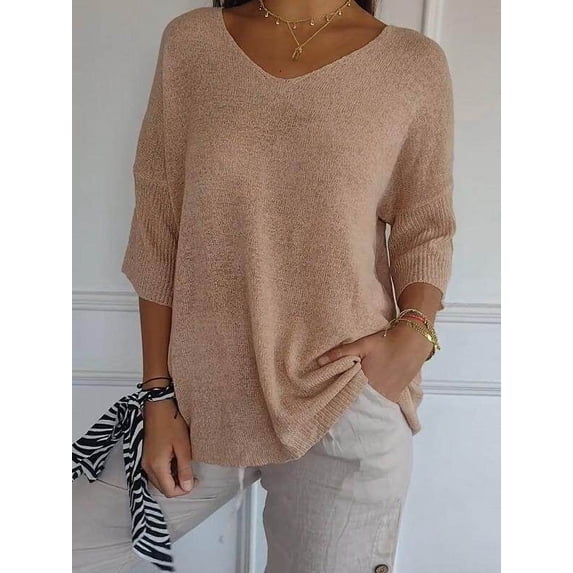 kurtrussel Women's Spring V Neck Henley Knit Tops Casual 3/4 Sleeve Solid Color V Neck Loose Pullover Knit Fall Sweaters Tops(Apricot,5XL)
