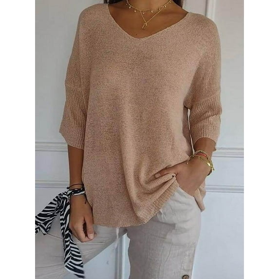 kurtrussel Women's Spring V Neck Henley Knit Tops Casual 3/4 Sleeve Solid Color V Neck Loose Pullover Knit Fall Sweaters Tops(Apricot,M)