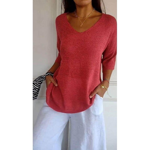 kurtrussel Women's Spring V Neck Henley Knit Tops Casual 3/4 Sleeve Solid Color V Neck Loose Pullover Knit Fall Sweaters Tops(Red,M)
