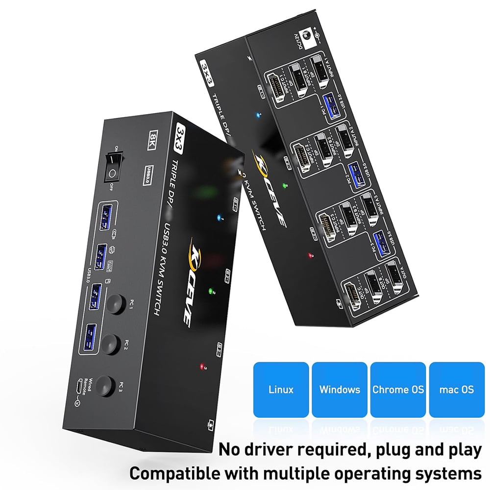 kvm switches KVM303DH Switcher -Compatible KVM 3 in 3 out 8K@60Hz, 4K@144Hz Triple Monitor USB 3.0 -Compatible+ Switcher For Keyboard, Mouse, U-Disk and Printer Compatible with