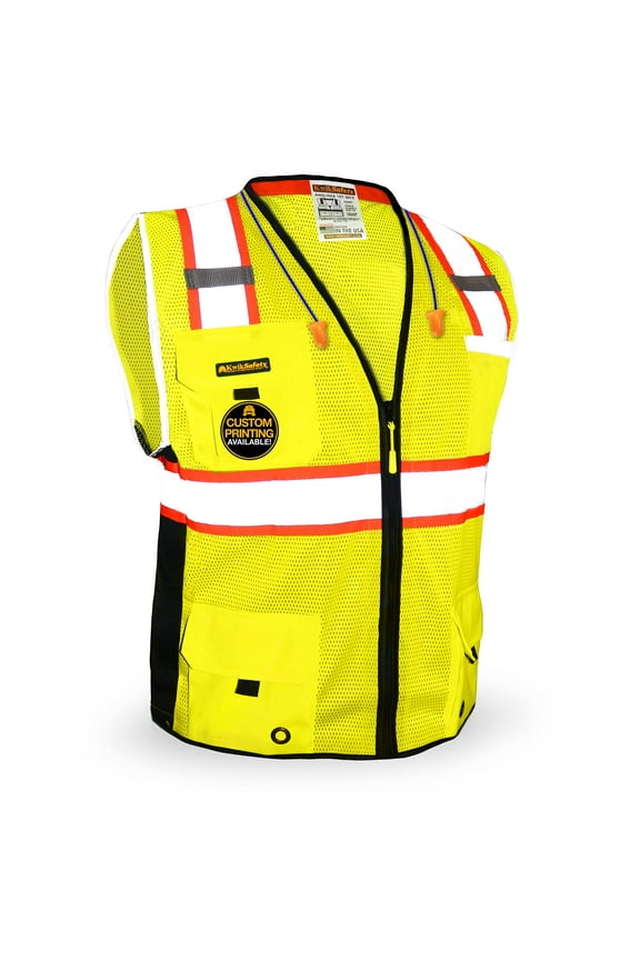 kwiksafety (charlotte, nc) big kahuna (11 pockets) class 2 ansi high visibility reflective safety vest heavy duty mesh with zipper and hivis for osha construction work hiviz men yellow black large