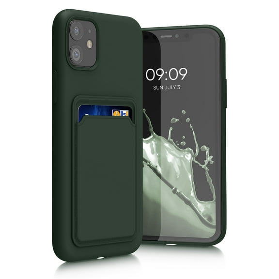 kwmobile Case Compatible with Apple iPhone 11 Case - TPU Phone Cover with Credit Card Holder - Dark Green