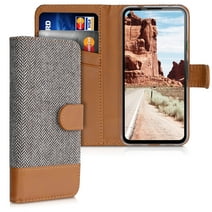 kwmobile Wallet Case Compatible with Google Pixel 4a - Case Fabric and Faux Leather Phone Flip Cover - Light Grey / Brown