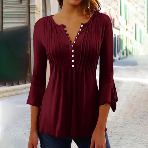 kytmyeq 3/4 Petal Sleeve Shirts For Women Tees Blouses Casual Basic Tops Pleat Button Pullover