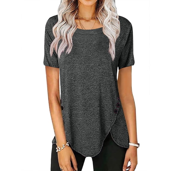 Topvent Fashion Women's Casual Solid Color Short Sleeve Button Loose Top T-shirt