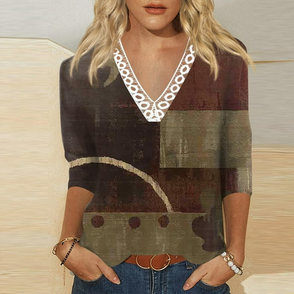 kytmyeq Lace Panel Collar Tops Women's Blouses Women's Casual Daily Tops 3/4 Sleeve V Neck Fashion Printed Shirts Lace Tops T-Shirt Pullover Tops