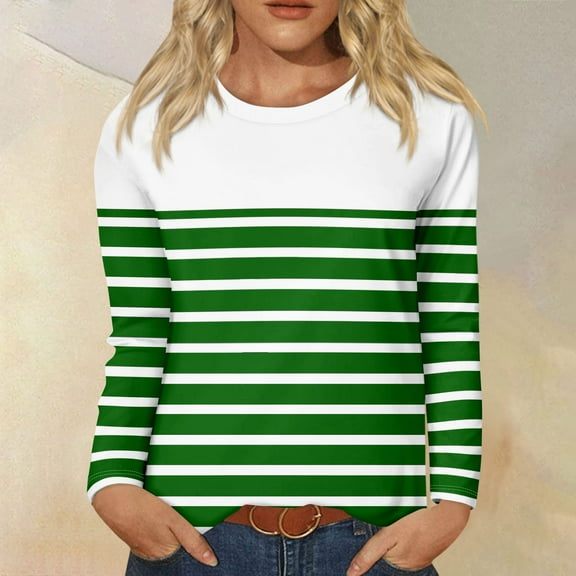 Topvent Long Sleeve Shirts For Women Stripe Print Graphic Tees Blouses Casual Plus Size Basic Tops Pullover