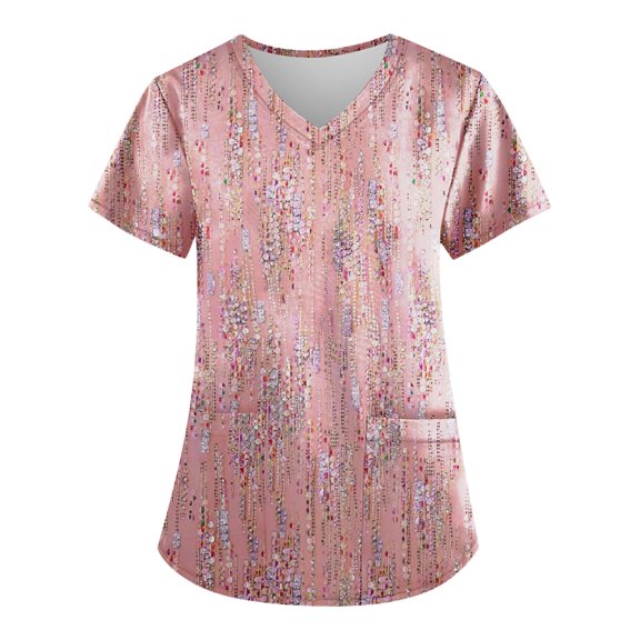 kytmyeq Plus Size Printed Scrub Working Uniform Tops For Women's V-Neck Print Short Sleeve Fun T-Shirts Workwear Tee With Pockets
