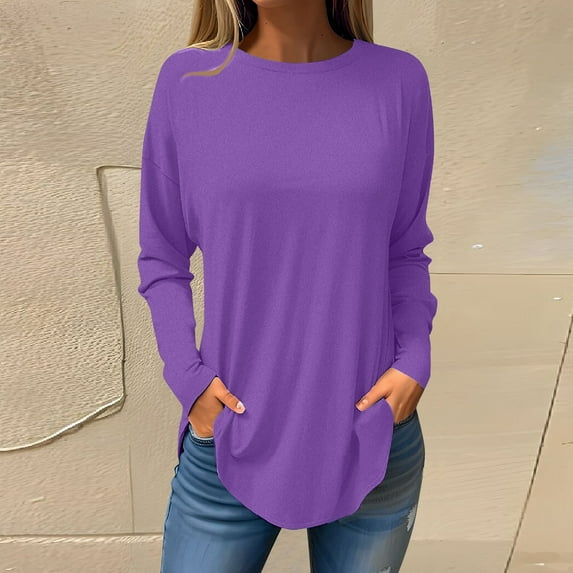 kytmyeq Tee Shirts For Women Fall Casual Long Sleeve Shirts Sweatshirt Solid Color Top Pullover