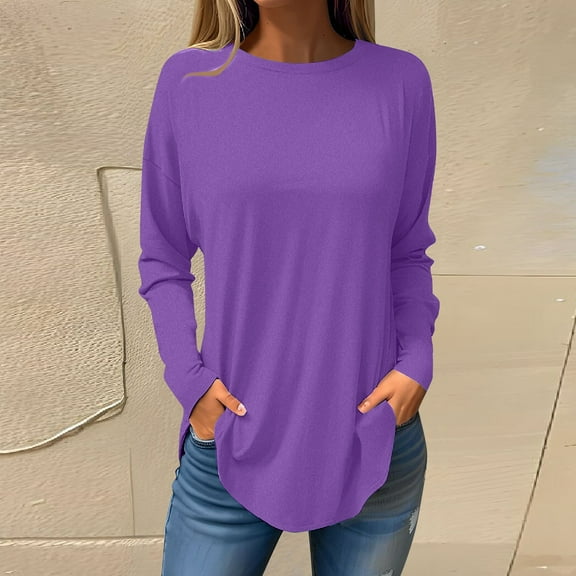 kytmyeq Tee Shirts For Women Fall Casual Long Sleeve Shirts Sweatshirt Solid Color Top Pullover