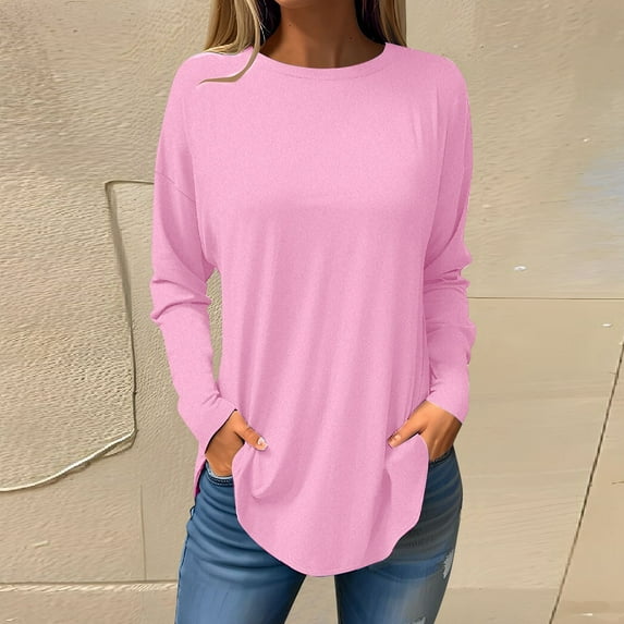kytmyeq Tee Shirts For Women Fall Casual Long Sleeve Shirts Sweatshirt Solid Color Top Pullover