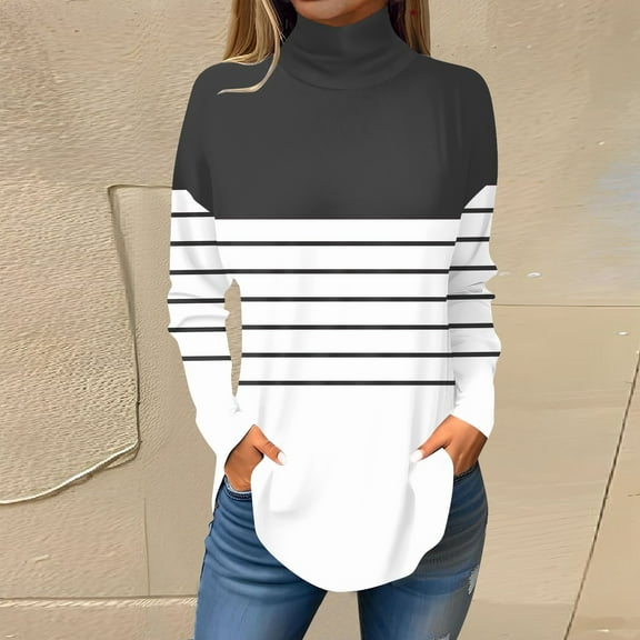 Topvent Tee Shirts For Women Fall Casual Long Sleeve Shirts Sweatshirt Stripe Printed High Neck Top Pullover