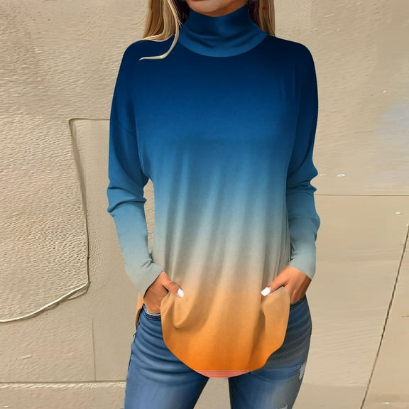 Topvent Tee Shirts For Women Fall Casual Long Sleeve Shirts Sweatshirt Vintage Printed High Neck Top Pullover