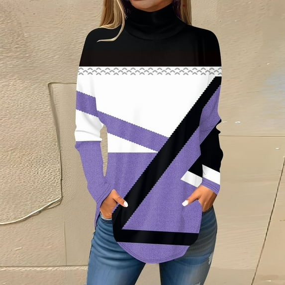 Topvent Tee Shirts For Women Fall Casual Long Sleeve Shirts Sweatshirt Vintage Printed High Neck Top Pullover