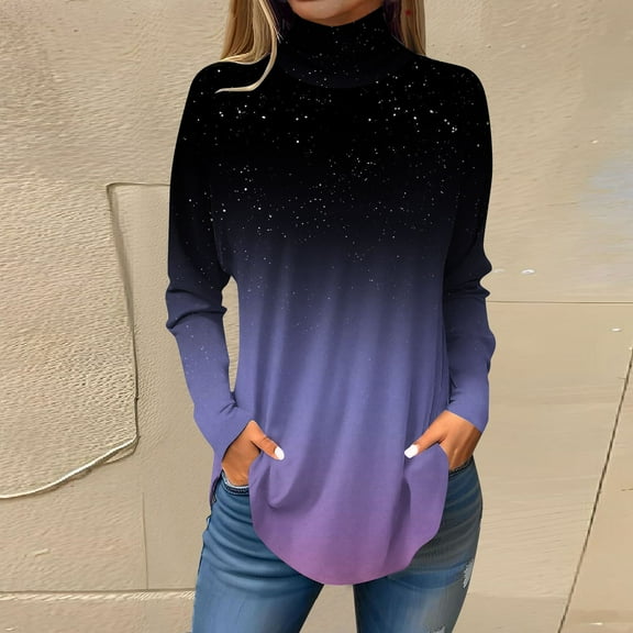 Topvent Tee Shirts For Women Fall Casual Long Sleeve Shirts Sweatshirt Vintage Printed High Neck Top Pullover