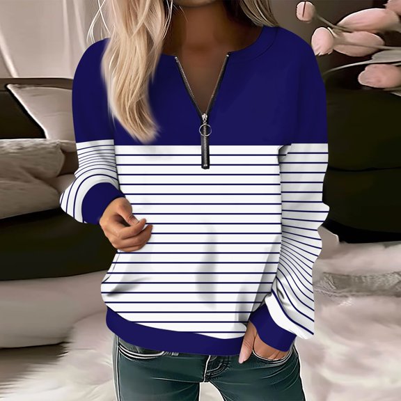 Topvent Women Casual Long Sleeve Basic Quarter Zipper Print Flowers Pullover Sweatshirts Casual Top Fall Clothes